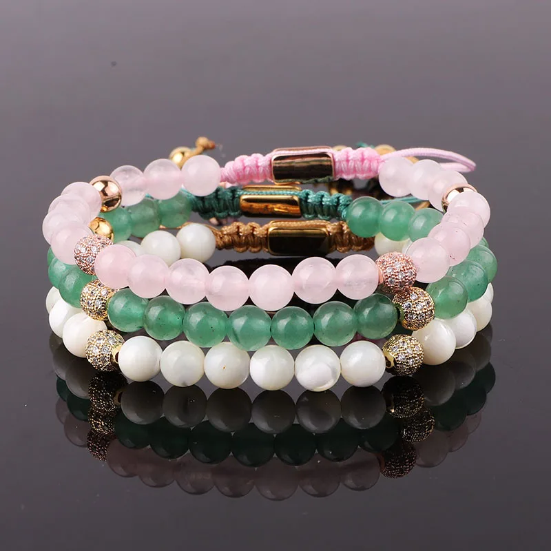 

High Quality 6mm Natural Stone Rose Quartz Aventurine Shell Pearl Beads CZ Pave Ball Macrame Bracelet Women Girl