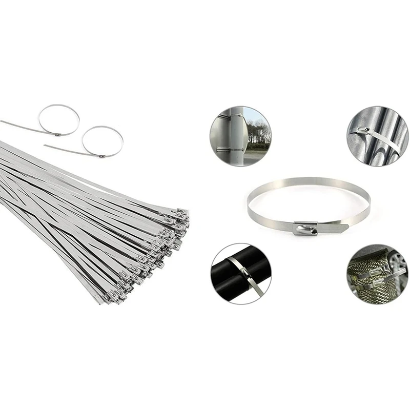 100PCS Multi Purpose Locking Cable Zip Ties Stainless Steel Cable Twist Ties Locking Metal Zip Exhaust Wrap Coated