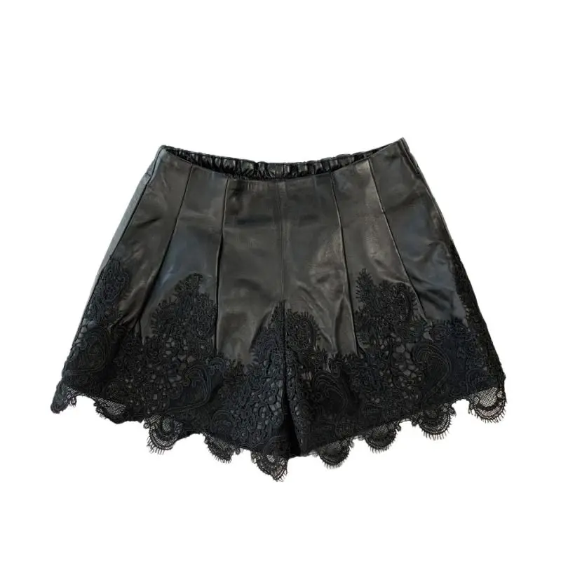 

Шорты женские кружевные из натуральной овечьей кожи, широкие, черные