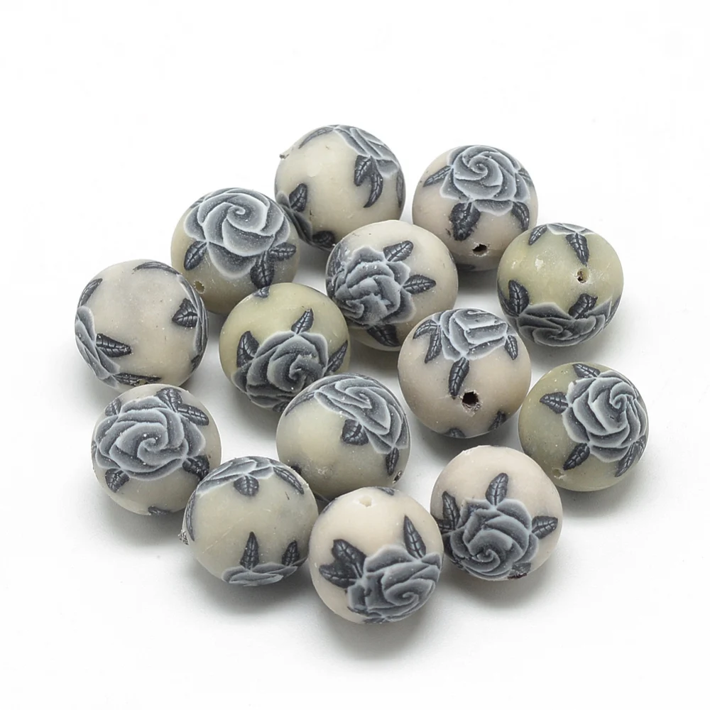 

20pcs 13-14mm Handmade Flower Pattern Polymer Clay Beads Round Loose Spacer Beads for DIY Jewelry Making Crafts Slate Gray