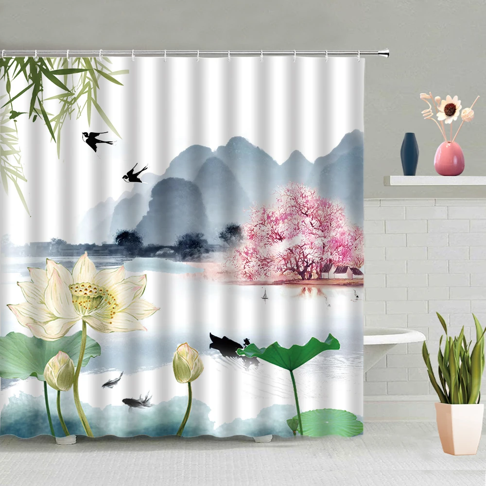 

Chinese Style Ink Landscape Lotus Fish Pond Little Bird Bathroom Accessoriesshower Curtain Waterproof Polyester Fabric With Hook