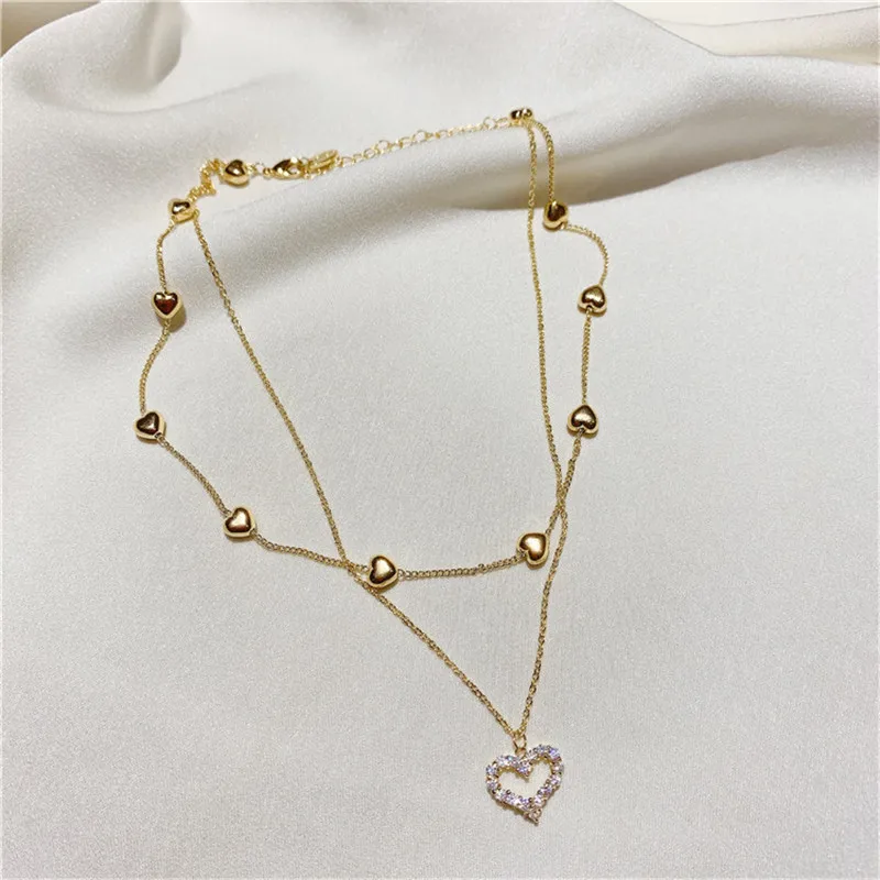 

Double layer Heart Chocker Necklace Shining Bling Zircon Women Clavicle Chains Elegant Charm Wedding Pendant Jewelry