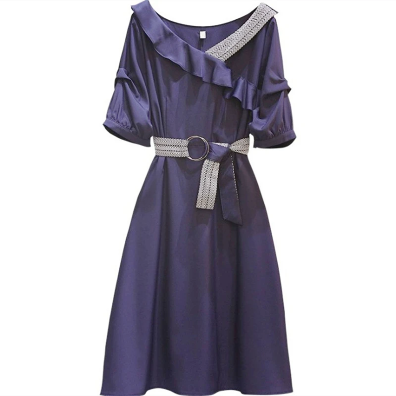 

2021 summer new dresses plus size women's America style high waist mid-length blue dress women girls office lady elegant LYQ037