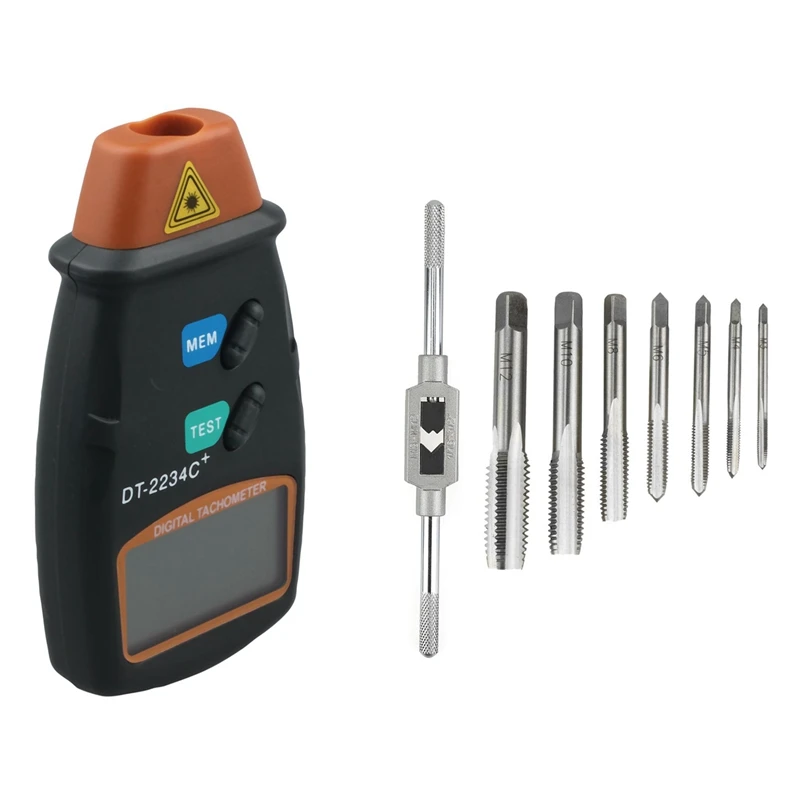 

8 In 1 Tap Tool Set Thread Metric Machine Hand Screw Thread Plug Taps Set & 1X Professional Digital Laser-Photo Tachometer Non C