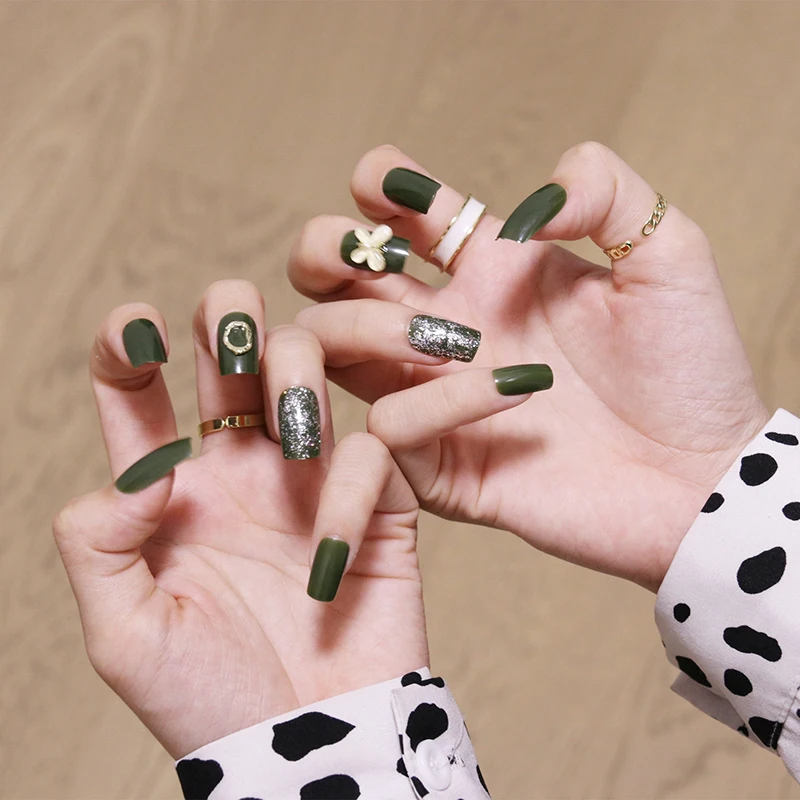 

Накладные ногти с полным покрытием оливковая Зеленая бабочка средней длины наклейки для ногтей Готовые наклейки для ногтей с клеем NE