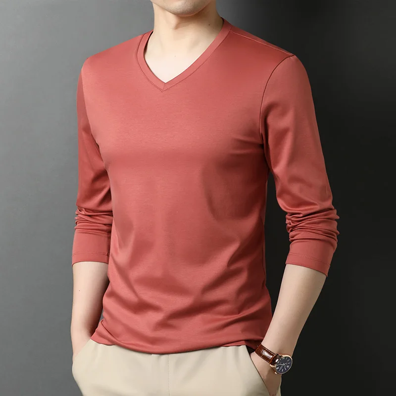

2021 new spring autumn t shirt men V-neck cotton long-sleeved t shirts Simple pure color fashion top tees 013236-468