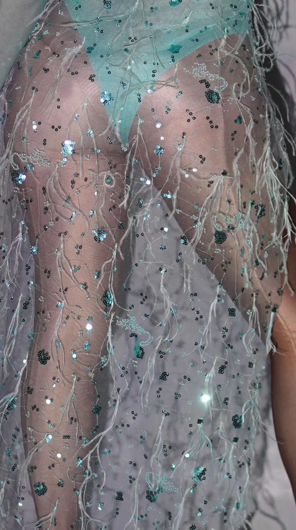 New Long Sleeves Bodysuit Green Sequins Mesh Feather Long Tail Outfit Women Dancer Bar Prom Bodysuit Outfit Set