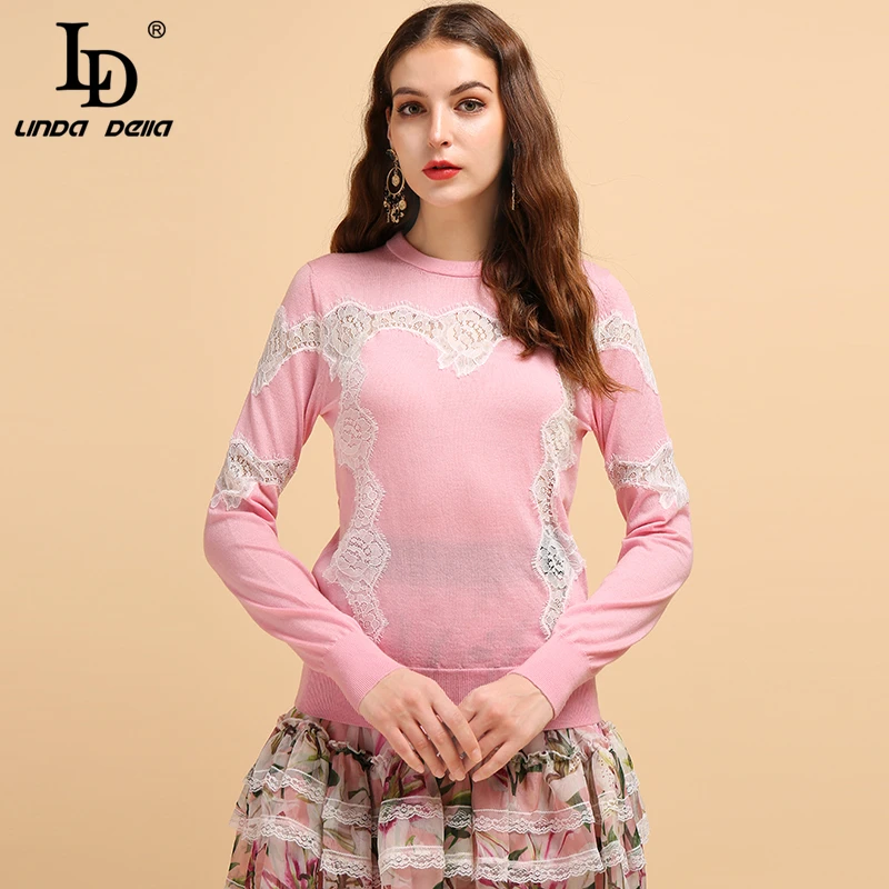 LD Linda della новые модные Подиумные осенние шерстяные свитера Для женщин с длинным рукавом и кружевной вставкой Повседневное женские туфли-лодочки; цвет РОЗОВЫЙ, Вязание свитера