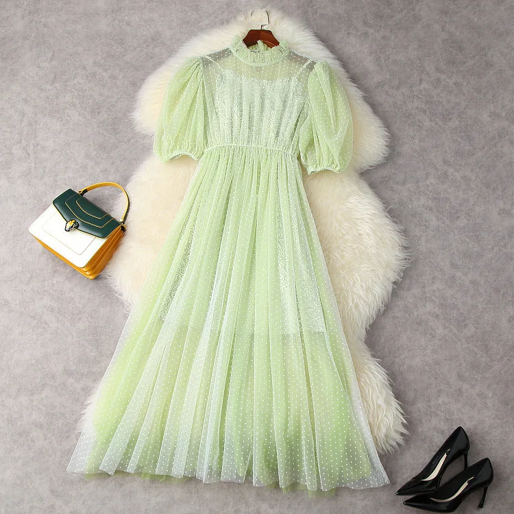 

Europe and the United States women's clothing New Summer 2021 Five-quarter sleeve Fashion polka dot mesh green dress