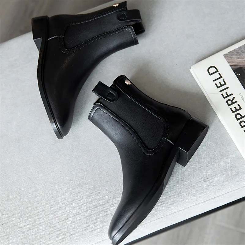 

FOREADA Chelsea Boots Woman Real Leather Med Heel Ankle Boots Rivet Block Heel Short Boots Square Toe Ladies Shoes Beige Size 40