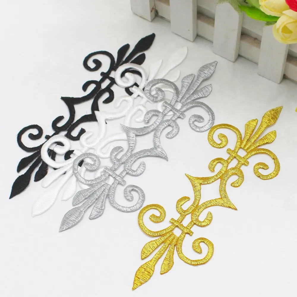 

Gold Embroidery Patches Iron On Gold And Silver Applique Ironing Cosplay Costume Flowers Trims 17.5cm*6cm