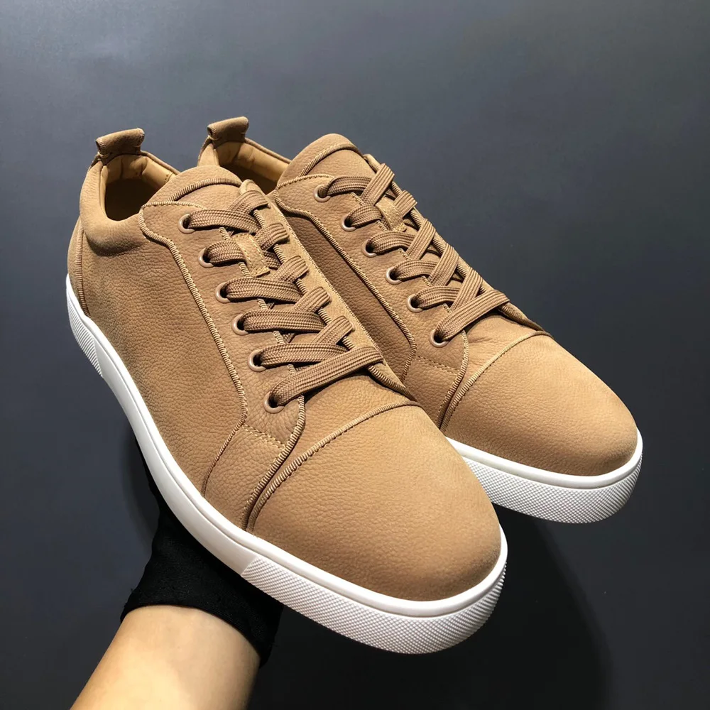 

European Fashion Khaki Mens Shoes Low Top Red Bottom Shoes Leather Casual Women's Shoes Loafers Sports Couple Shoes Punk Shoes