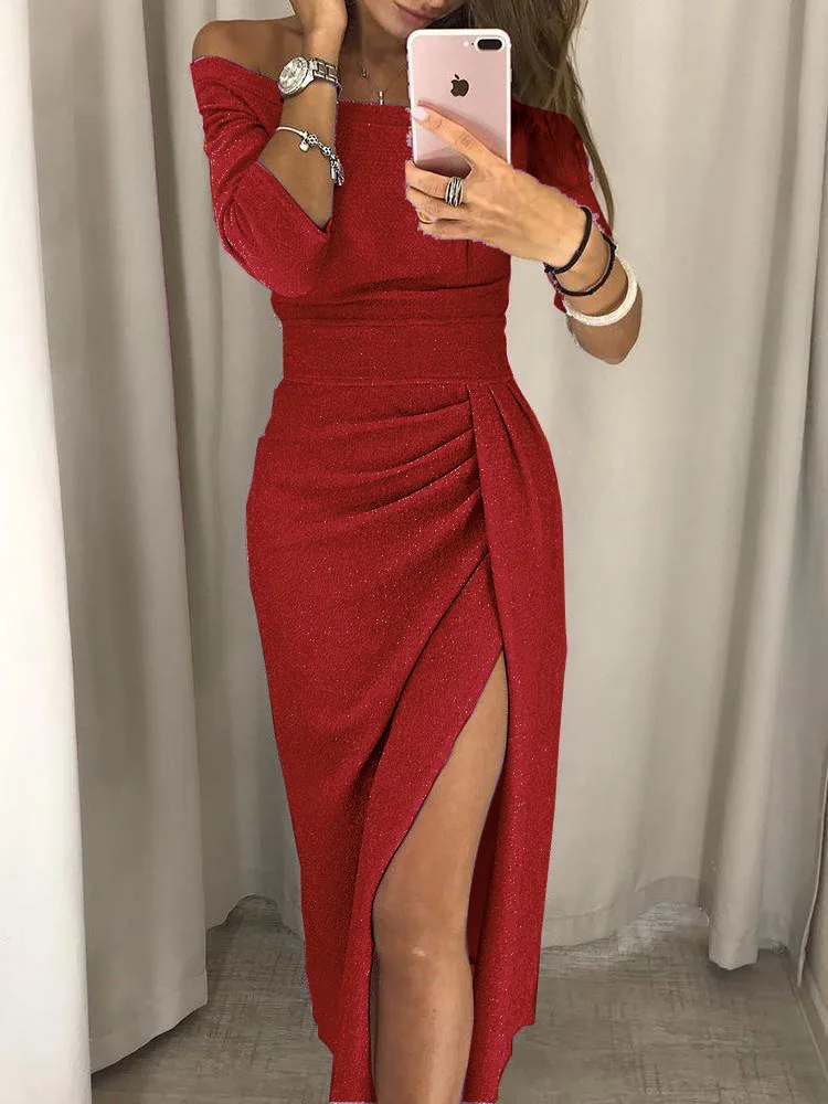 BUENOS Sexy Off Shoulder Party Dress Women High Slit Peplum Bodycon Autumn Three Quarter Sleeve Bright Silk Shiny | Женская одежда