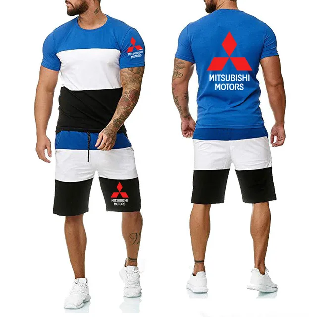 

New 2020 Summer Mens suits for Mitsubishi Car Logo Printed Casual Gradient High Quality Men's T-Shirt Pants Suit 2Pcs K