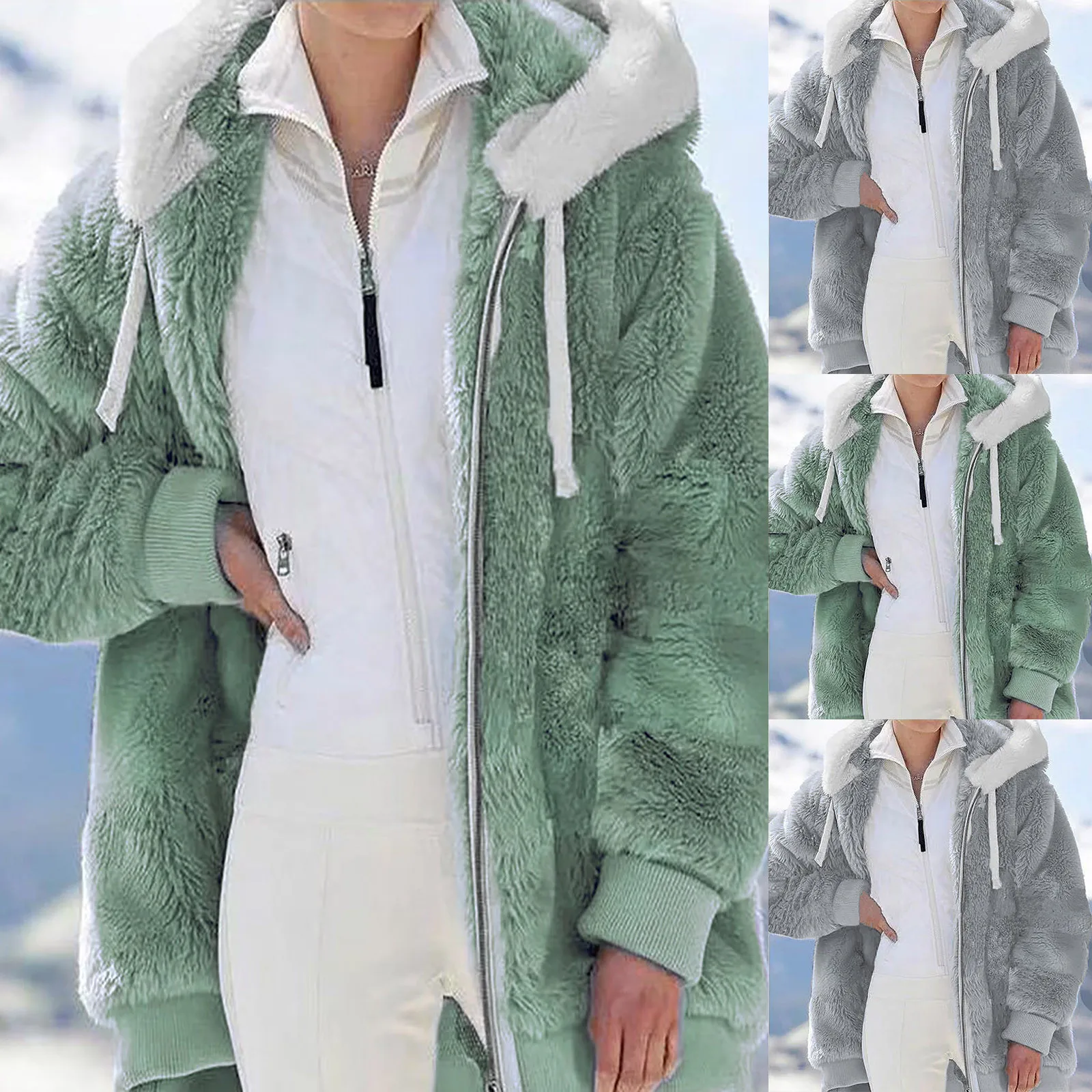 

Winter New Warm Plush Furry Women Jackets Fashion Patchwork Zipper Pocket Hooded Coats Female Casual Loose Long Sleeve Outerwear