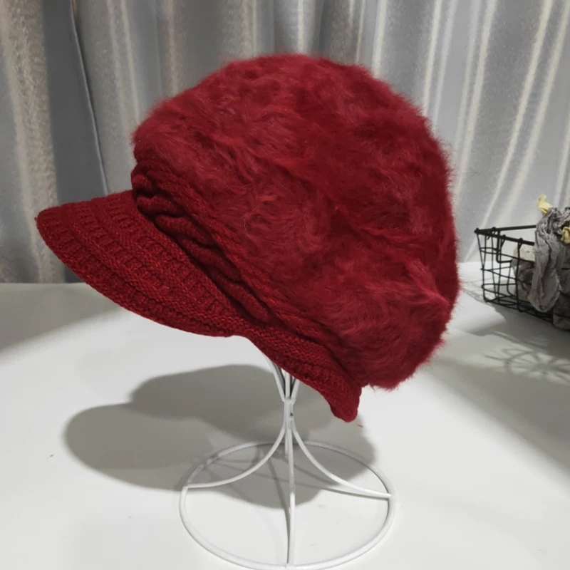 Women's hat winter rabbit hair knitted beret hat winter hats for women caps women fashion winter hat women's knitted hat - Цвет: red