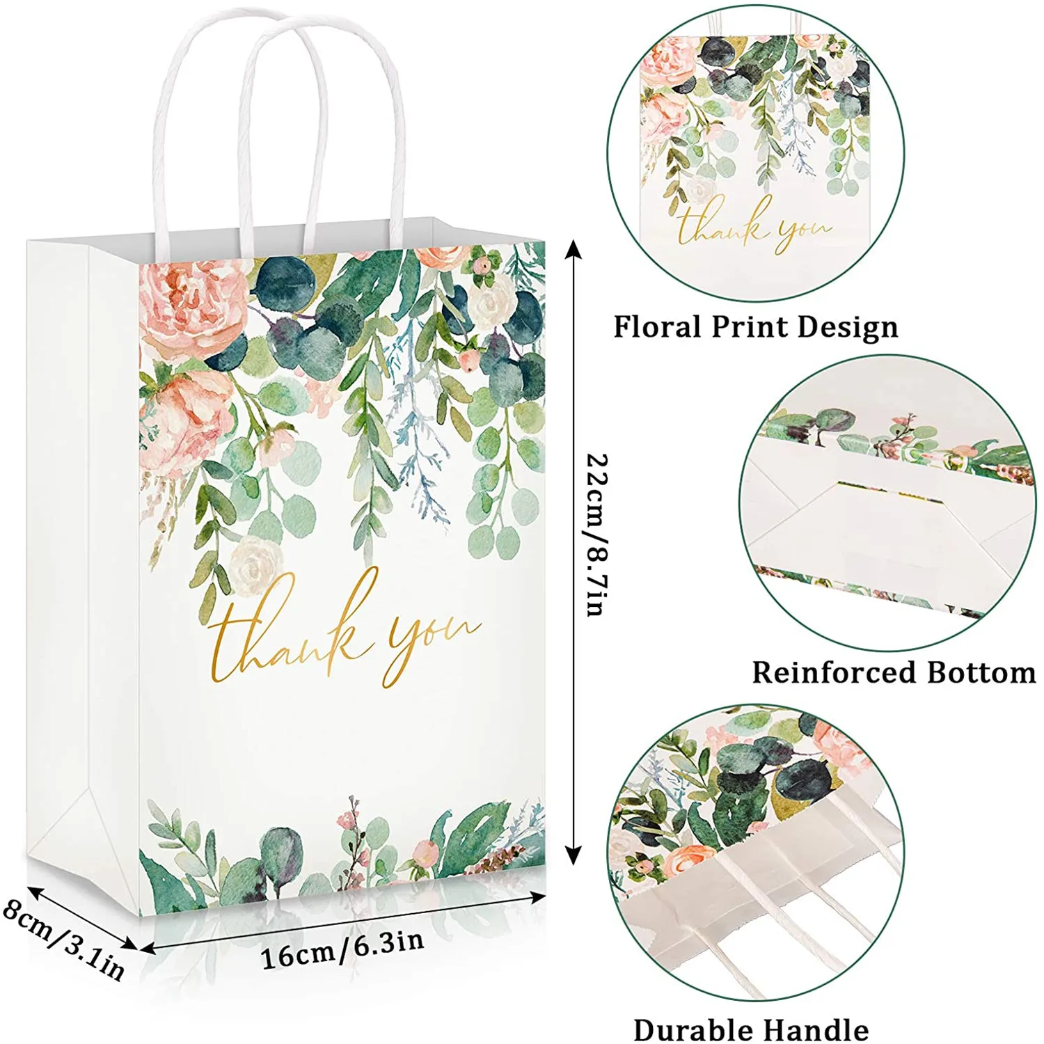

4 Pcs Floral Design Small Thank You Gift Bags Paper Bags White Kraft Paper Bags For Wedding Birthday Baby Shower Party Favors