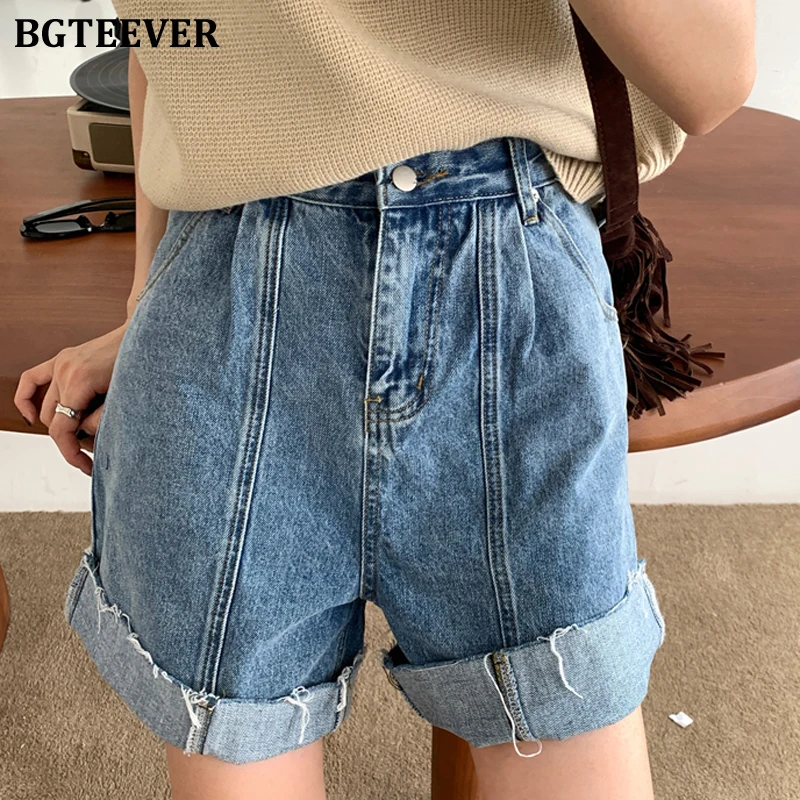 

BGTEEVER Casual Loose Straight Denim Jeans Shorts for Women High Waist Loose Pockets Female Wide Leg Shorts 2021 Summer
