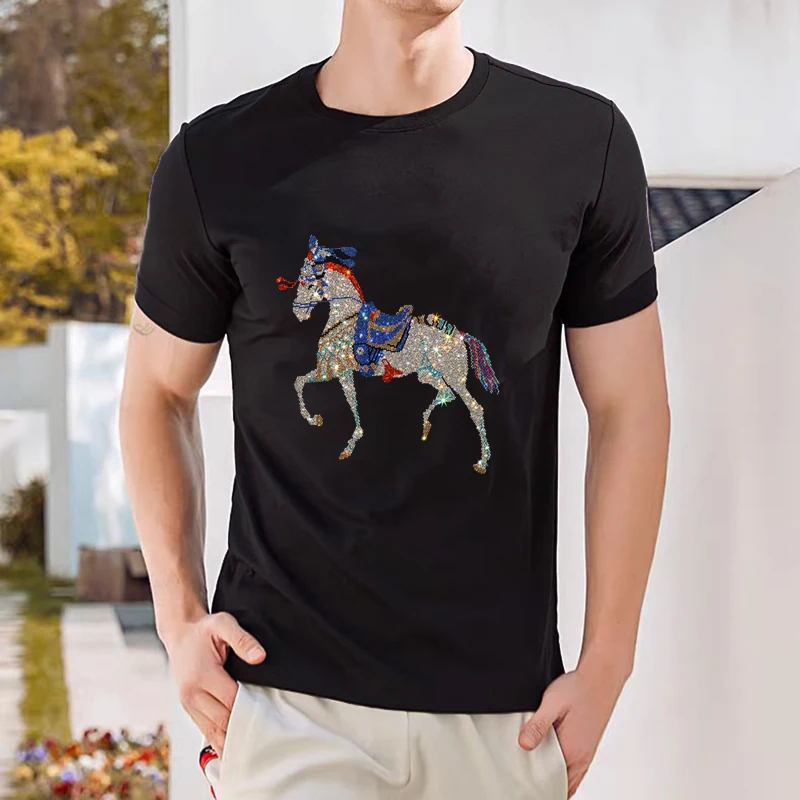 

Summer Unique Design European American Popular Boutique Diamond-Studded Business T-Shirt Men Original Custom Soft Short Sleeves