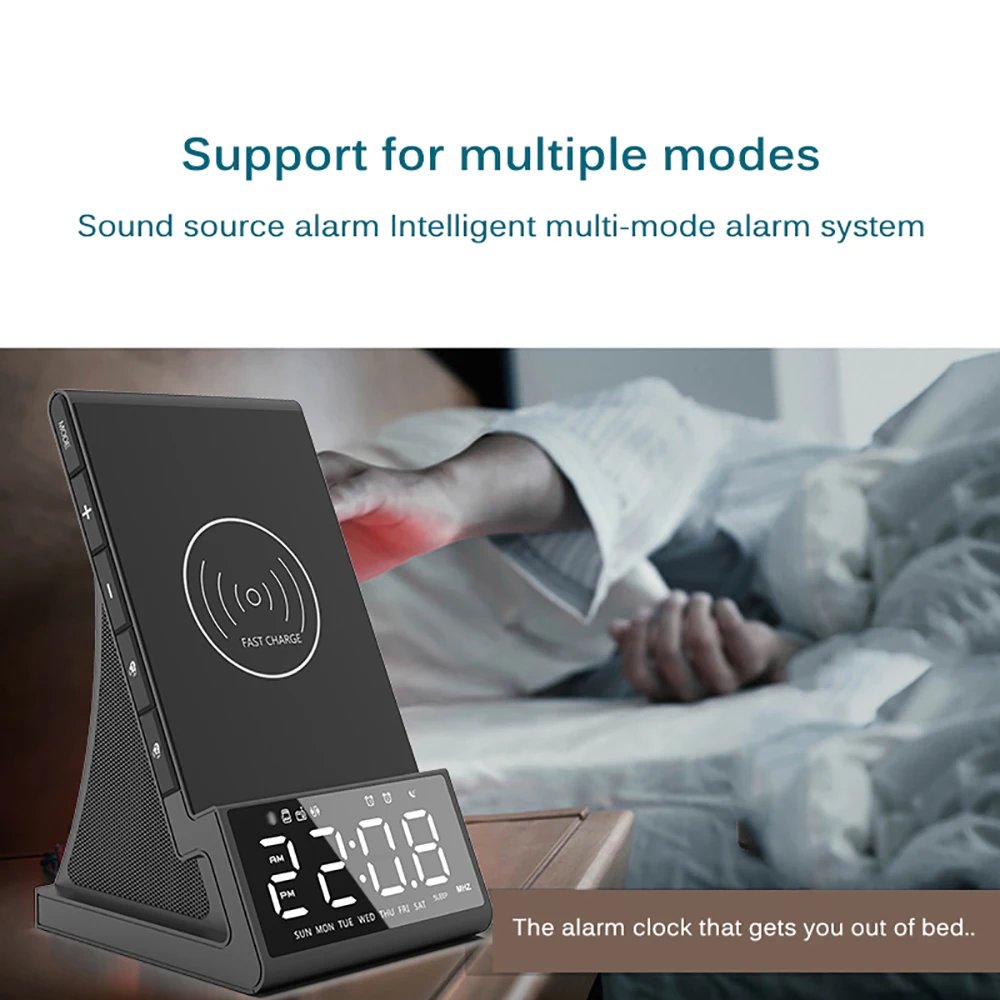 

FM Radio Bluetooth Speaker USB Fast Charger With Wireless Charging Base LED Alarm Clock Fast Charging For iPhone for Samsung