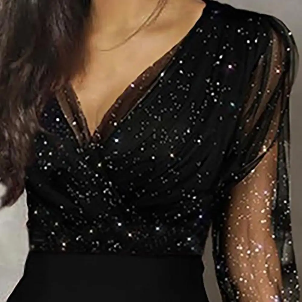 

Women Deep V Neck Mesh Long Sleeve Sequins Glitter Jumpsuit One Piece Overall