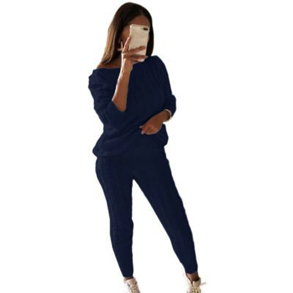 dark blue CALOFE осенний хлопковый спортивный костюм женский комплект из 2 предметов свитер Топ+ штаны вязаный костюм с круглым вырезом вязаный комплект Женская верхняя одежда комплект из 2 предметов - Цвет: dark blue