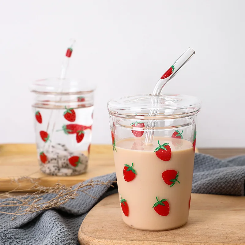 

Strawberry Glass Girl Star Letter Pattern Glass with Straw Juice Milk Tea Coffee Wine Creative Cup Gift For Childen