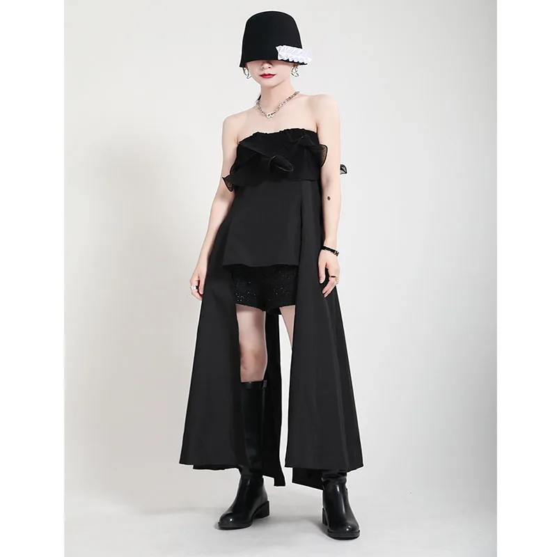 

2021 White Chiffon Blouse Slash Neck Patched Ruffles Cool Lady Street Snap Loose Long Tops Asymmetrical Puff Sleeve Shirt Women