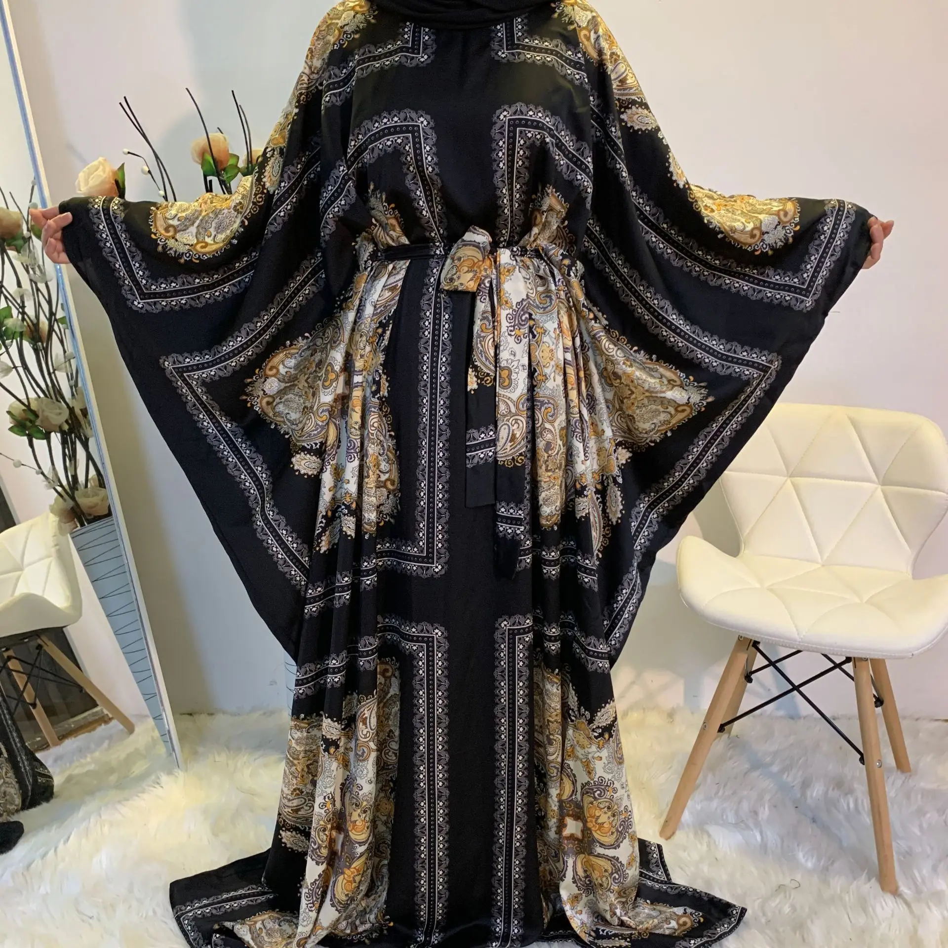 

Women Muslim Maxi Abaya Dress Loose Nidha Long Sleeves Print Dubai Turkey Islam Clothes Caftan Robe Modest Gown Elegance