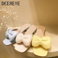womens butterfly knot mules slipper with round metal heels slip on cute casual korean yellow sandals summer 2021 designer shoes