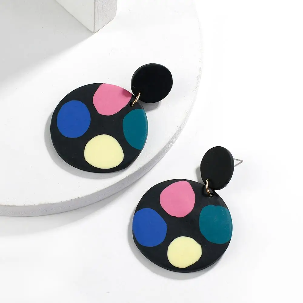 

AENSOA New Kroean Multicolor Round Polymer Clay Earrings For Women 2021 Unique Retro Wave Dot Drop Earrings