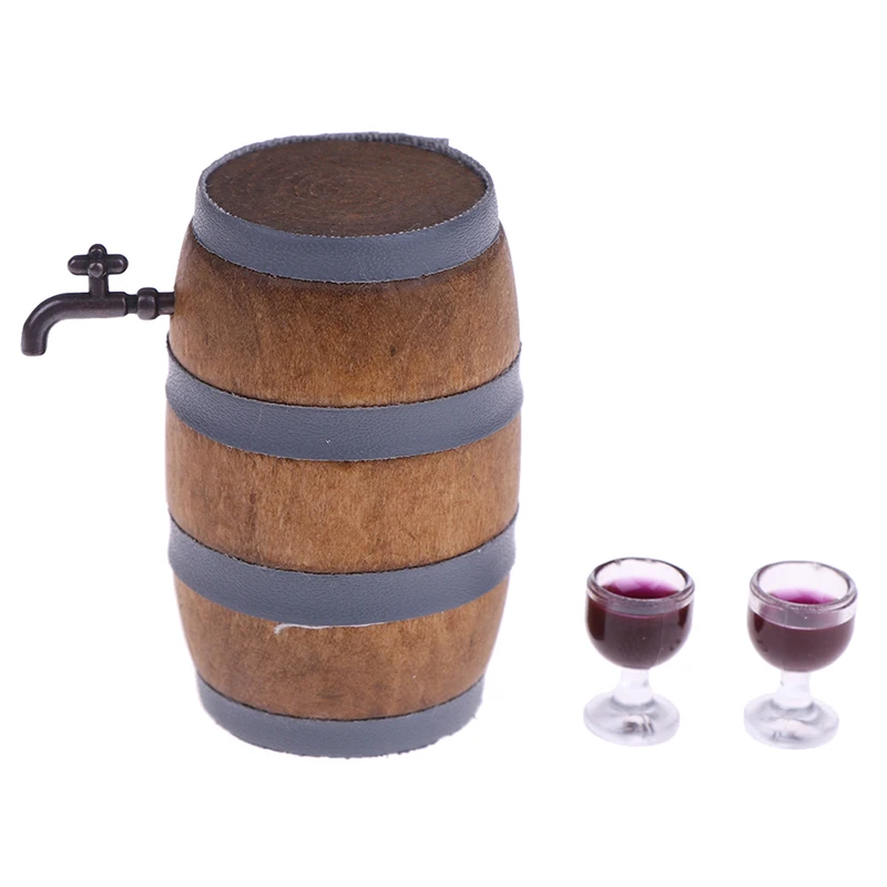 New 1:12 Scale Dollhouse Miniature Wine Beer Barrel Cask Keg and Glass Set for Dolls House Decoration Accessories |
