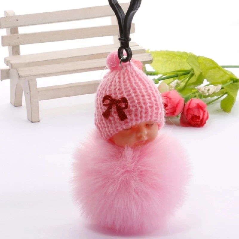 10pcs Baby Doll Toy Cute Sleeping Key Chains For Women Bag Ring Fluffy Pom pom Faux Fur Plush Keychain | Дом и сад