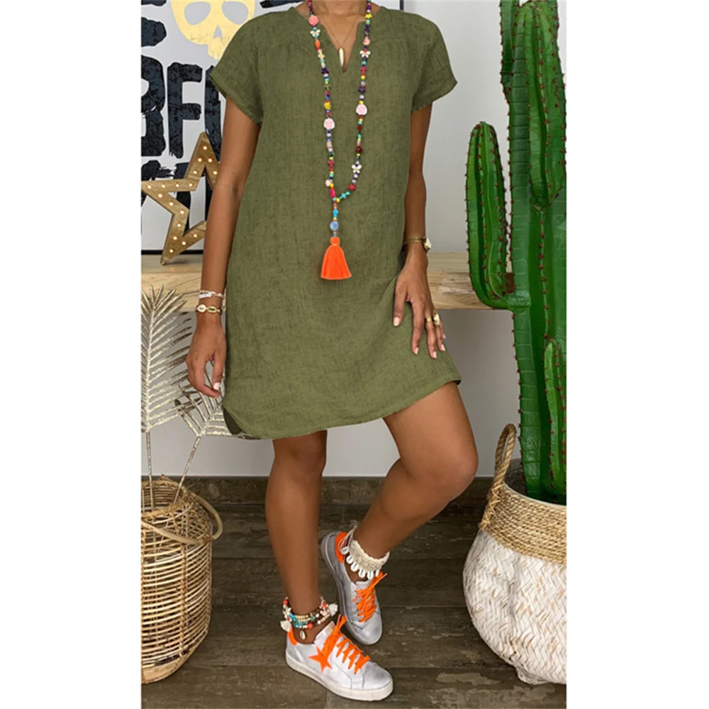 

Women's Dresses Summer New Loose Casual Cotton Polyester Blended Dress Solid Color Short Sleeve Midi Dress Female Vestido S-5XL