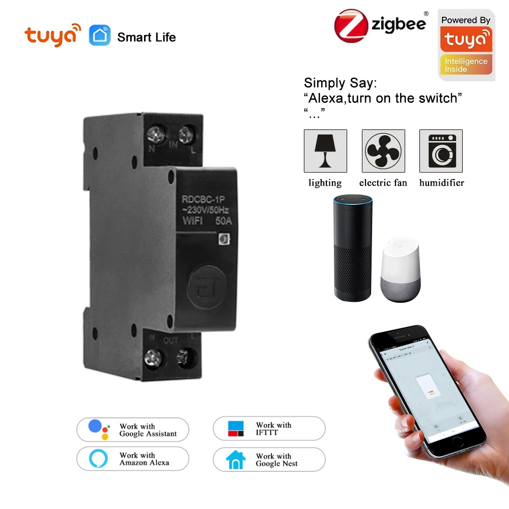 Умный автоматический выключатель zigbee 1P, с поддержкой Wi-Fi и таймером, для умного дома