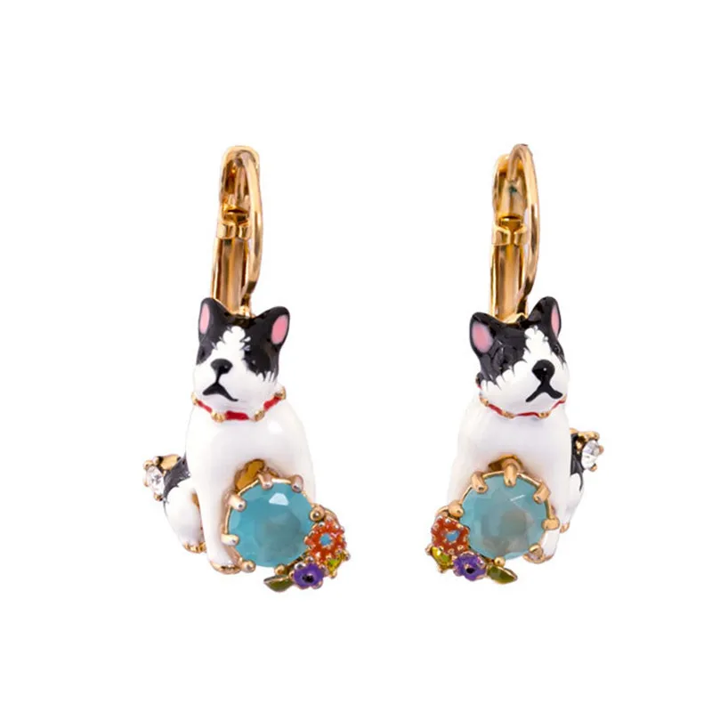 

Enamel Gold-Plated Jewelry Cute Dog Earrings Women Luxury Wedding Party Dangler Gemstone Animal Ear Clip Earings