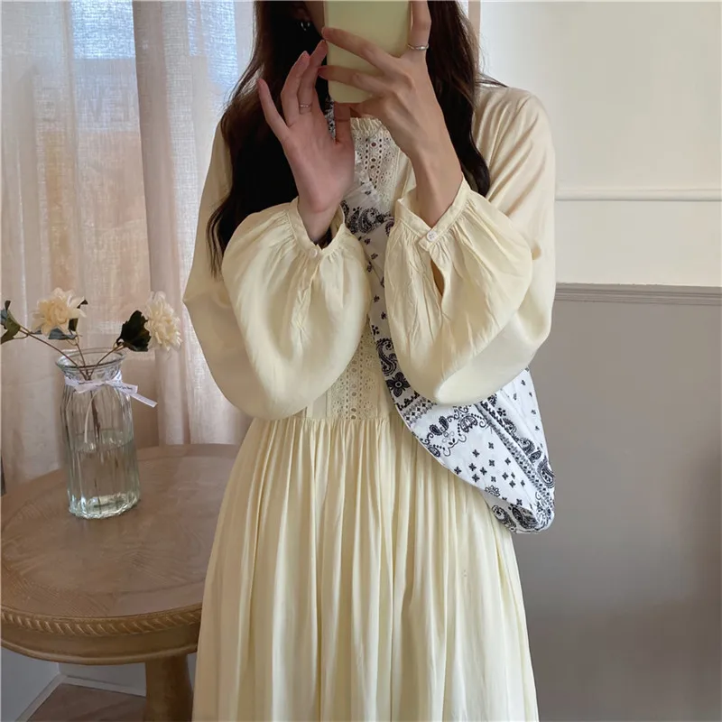 

Hot Sweet Stylish Gentle Loose Solid Dress Comfortable Long Sleeves Lace 2021 Hot Early Elegant Autumn Dresses