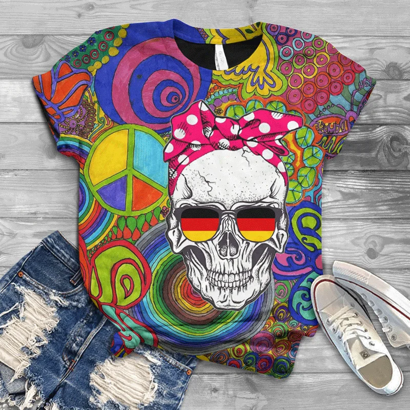 

Harajuku European and American style ladies T-shirt 3D printing skull head street trend casual fashion top ladies T-shirt