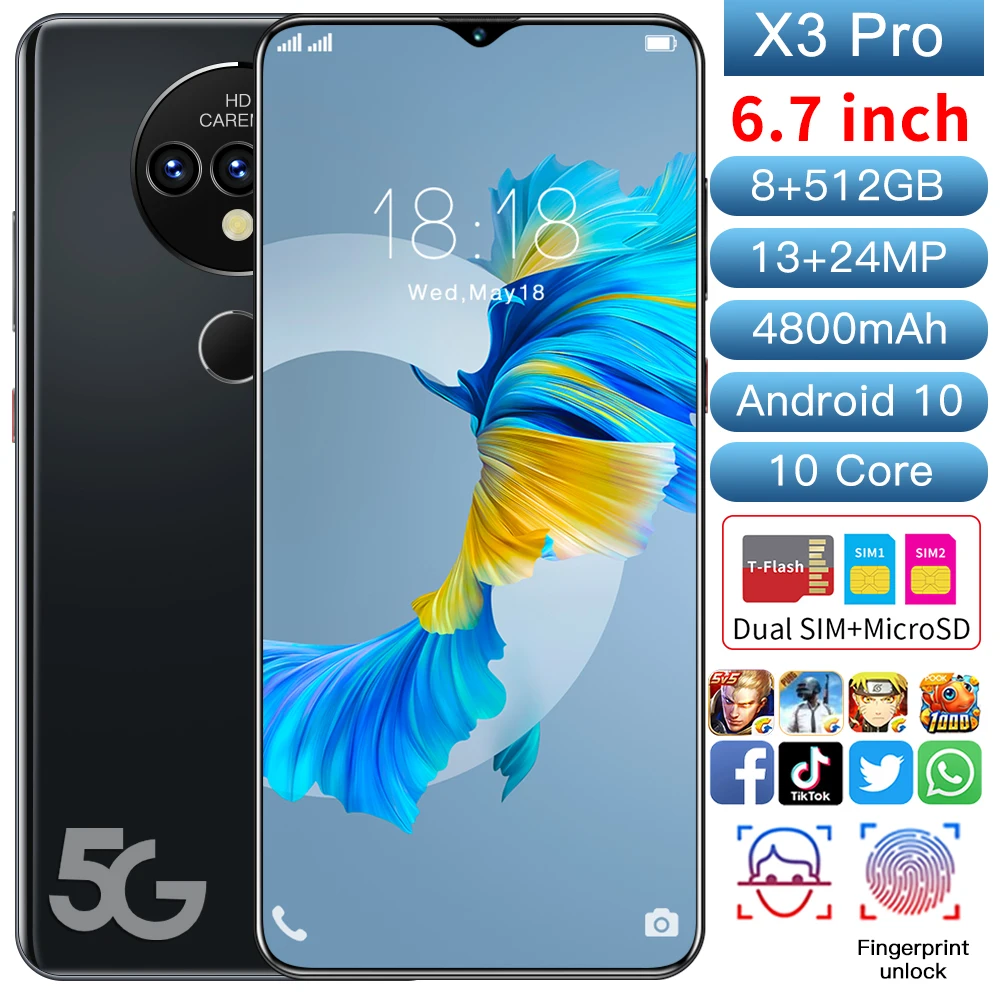 

X3 Pro 6.7-inch Smartphone 12GB+512GB HD Display Android Mobilephone 48mp Camera 4800mah Power Storage Global Version 5G Phone