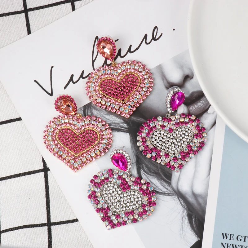juran 2022 brand hot colorful crystal heart shaped drop dangle earrings for women charm maxi statement pendant earrings jewelry free global shipping