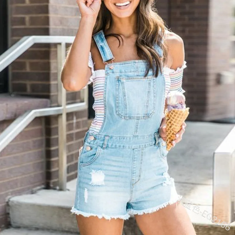 

WEPBEL Summer Women Loose Ripped Denim Bib Pants Overalls Pocket Hole Jeans Denim Shorts Girl Short Jumpsuits Rompers