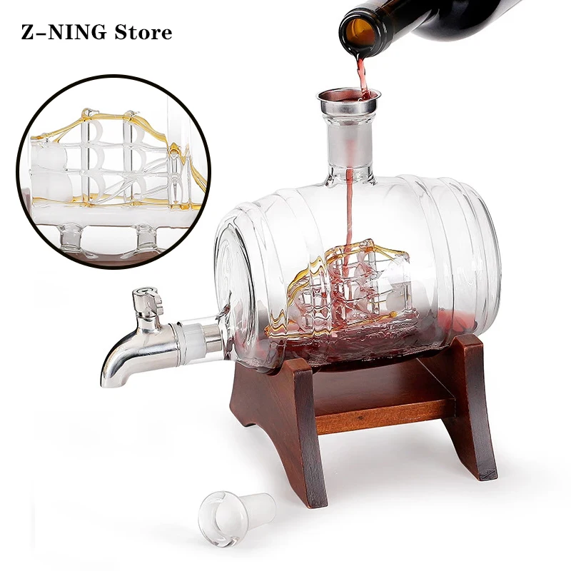 Dispensador de vino creativo con forma de barril, soporte de botella de vino de cristal, juego de vino de cristal de whisky, decantador de vino soplado a mano, 1000ml-0