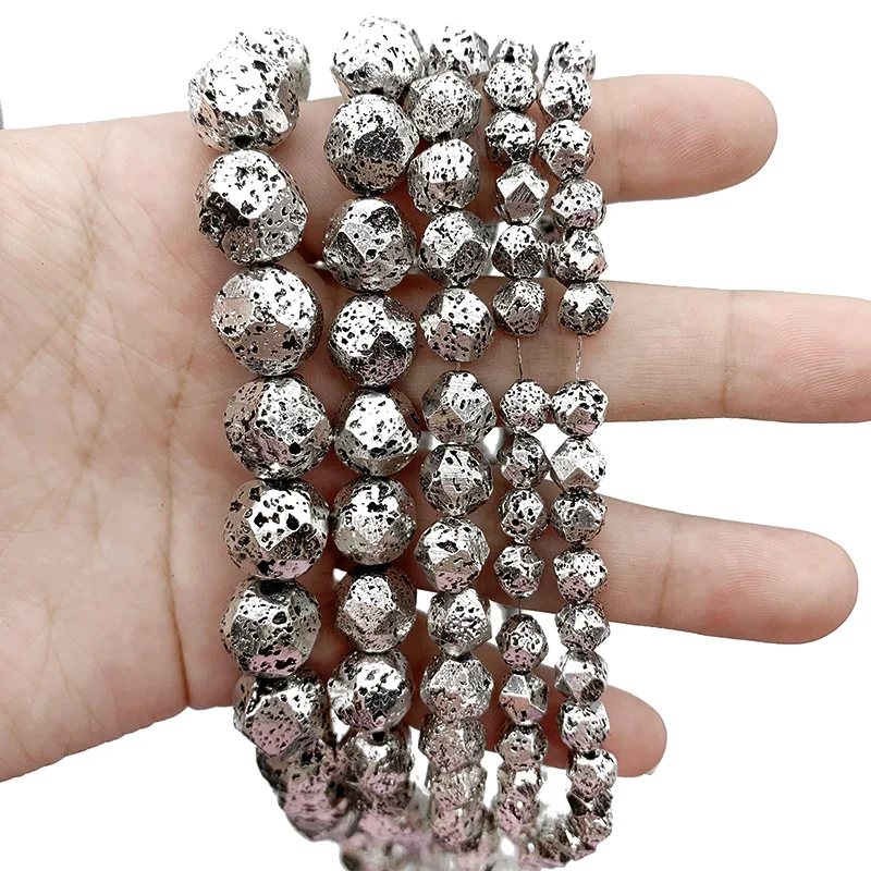 

Faceted Round Ancient Silvers 6/8/10/12mmNatural Volcanics Lava Stone Spacers Loose Beads Accessories For Jewelry Making DIY15"