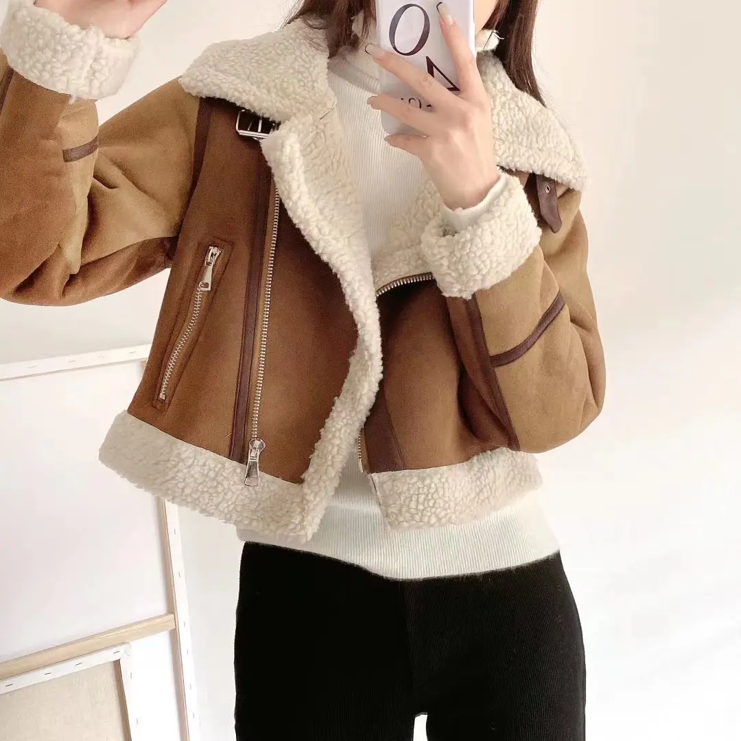 

Women's Jackets Aautumn 2021 New Product Hit Color Fur Jacket Solid Color Fashion Long Sleeve Button Pocket Jacket Female