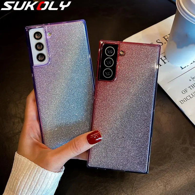 

Square Bling Glitter Silicone Case For Samsung A32 A42 A52 A72 5G Straight Edge Cover For Samsung S21 Ultra S20 FE S10 S9 NOTE20