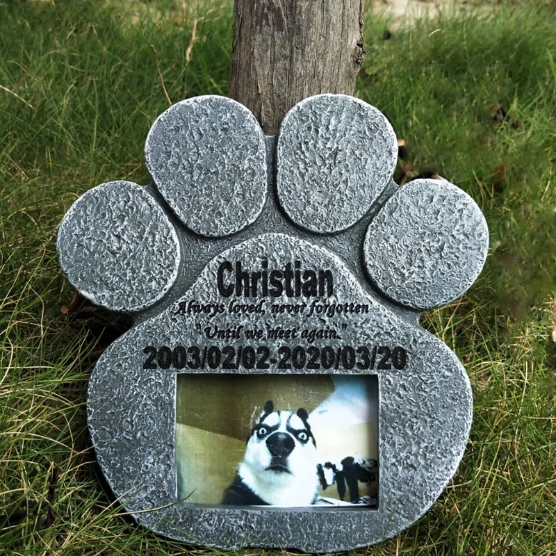 

Paw Print Pet Memorial Stone Grave Marker with Photo Frame Slot Loss of Pet Headstone Personalized Dog Memorial Gravestone for O