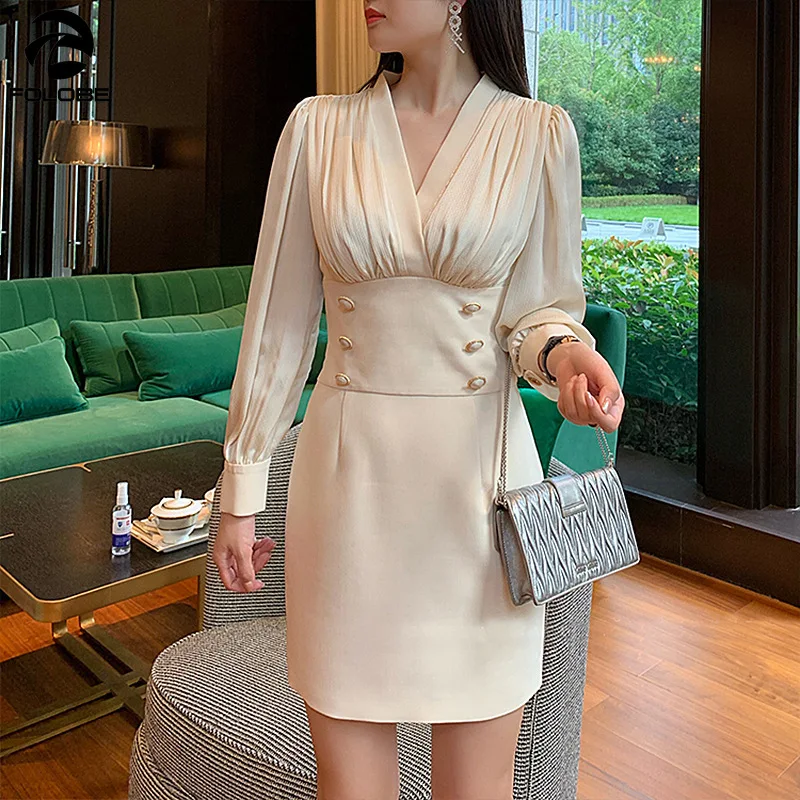 FOLOBE 2021 весенние французские Элегантные платья женские плиссированные с v