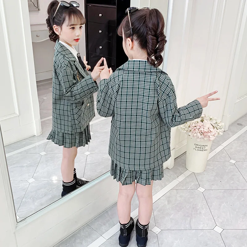 

Suit for Girls Clothes Spring Green Plaid Jacket Pleated Skirt Teen Girls Clothing Set 10 12 Years School Kids Tracksuit Outfits