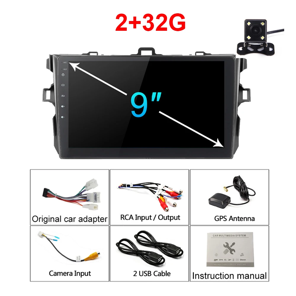 2 16G cam 2Din Android 9,1 Автомобильный мультимедийный плеер Радио Стерео gps для Toyota Corolla E140/150 2006 2007-2009 2010 2011 2012 2013 - Цвет: 2 16G cam