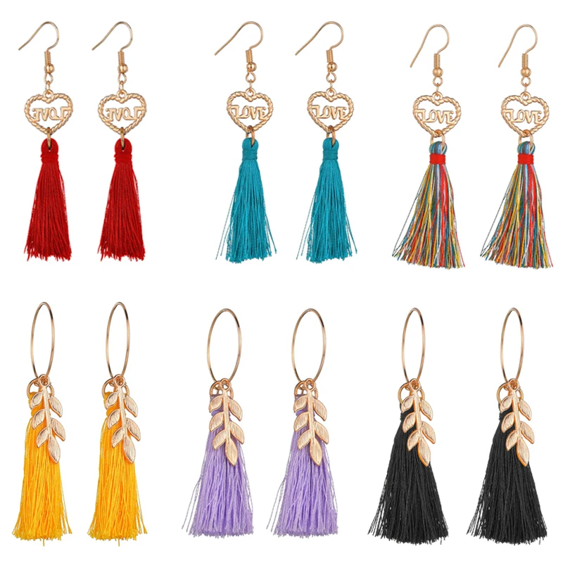 Богемные золотые висячие серьги с кисточками для женщин модные в форме сердца